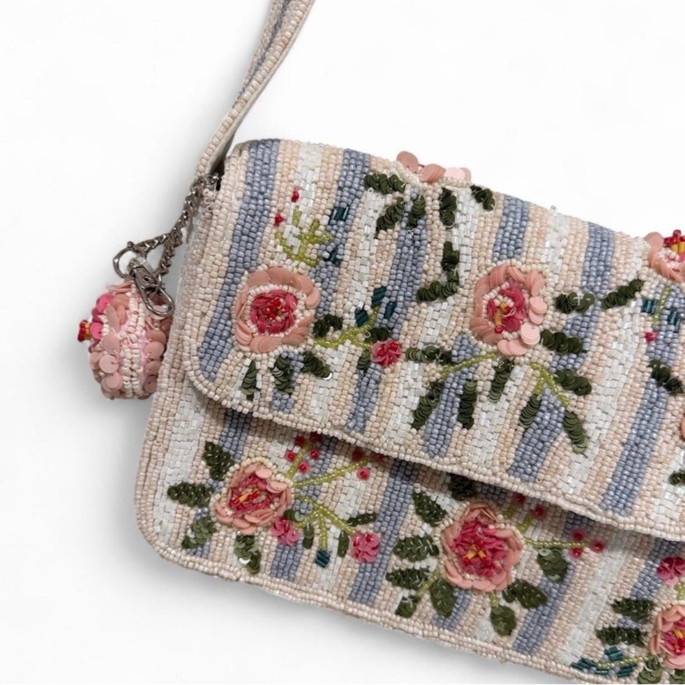 Viral Rose Flower Striped Beaded Bag NWT - Picture 3 of 8